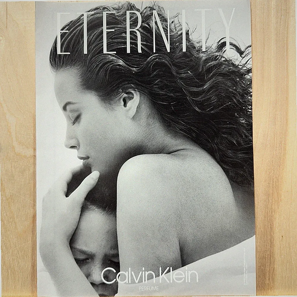 1991 Calvin Klein Eternity perfume Woman Long Hair Boy Child vintage ad