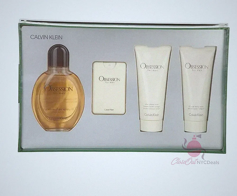 Calvin Klein Obsession Gift Set 4 PC-4.2 oz EDT Sp+0.67 oz Mini+3.4 oz ASB+S/Gel